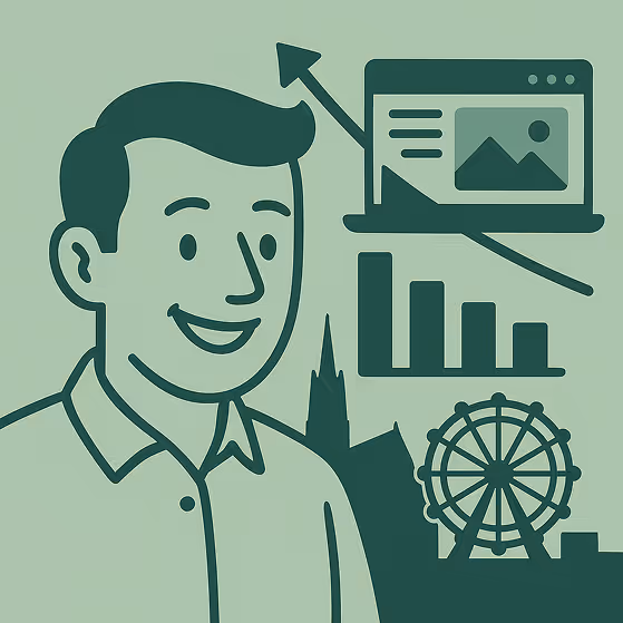 Illustration eines lächelnden Mannes vor einer stilisierten Wiener Skyline mit Riesenrad, Laptop und Symbolen für Webdesign und Geschäftswachstum wie einem aufsteigenden Pfeil und Balkendiagramm.