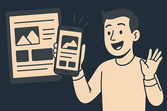 Cartoon-Illustration: Designer präsentiert Mobile-First-Webdesign-Trends 2025