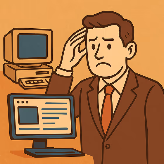 Cartoon-Illustration: Unternehmer vergleicht alte Website mit moderner responsiver Darstellung